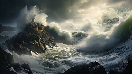 A rugged coastline battered by a storm, where towering waves crash against the cliffs with...