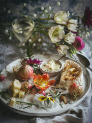 Farbenfrohes Gourmet-Frühlingsmenü: Käseplatte mit frischen Blumen und Wein