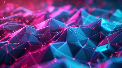 Vivid abstract geometric landscape with glowing particles in blue and pink hues.
