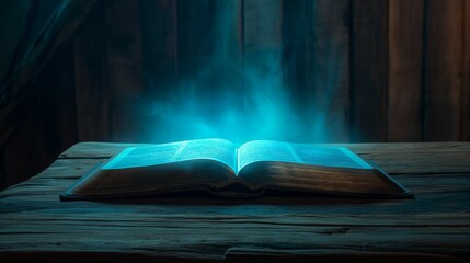 Mystical image of an open ancient book emitting glowing blue magical particles on a rustic wooden table.