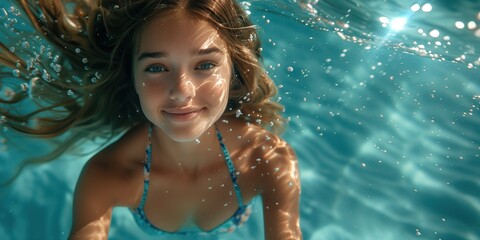 A young girl in a bikini is diving under the water. Beach swimming on summer holidays.