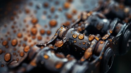 Image of a metallic bike chain with intricate details and oil droplets, set against a bokeh background.