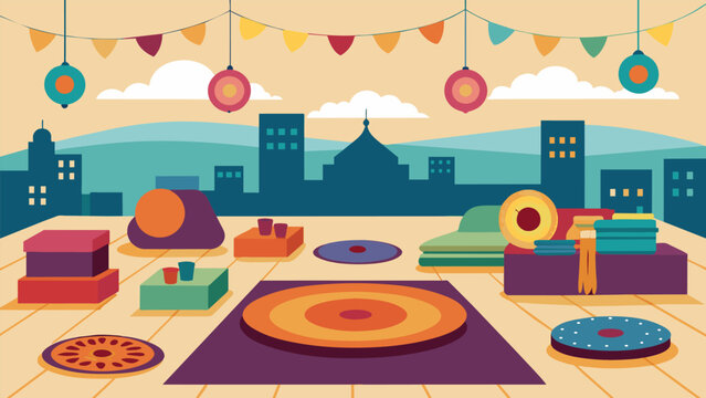 The rooftop is decorated with a mishmash of colorful rugs floor cushions and lanterns giving off an eclectic vibe that matches the diverse range of Vector illustration