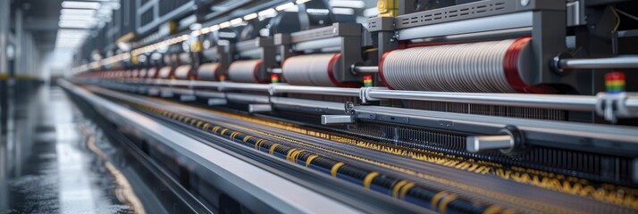 3D visualization of large scale textile machines in operation, showcasing intricate thread work, ideal for textile industry promotions.