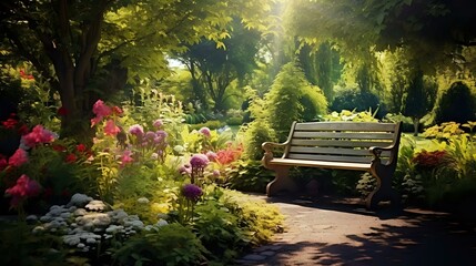 Green Haven: A Serene Garden with an Inviting Wooden Bench Spot