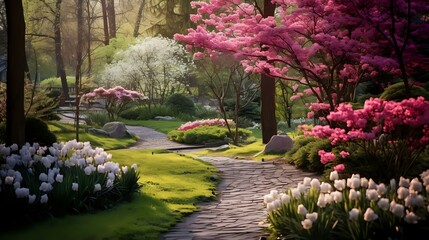 Nature's Beauty: Springtime Garden with Rhododendron Blossoms in Wales"