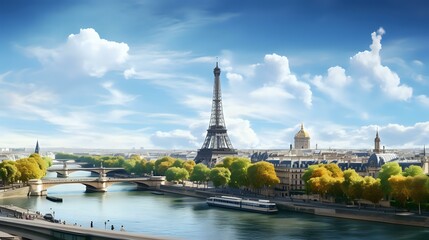 Fototapeta na wymiar Iconic Paris: Aerial View of Eiffel Tower and Seine River Panorama