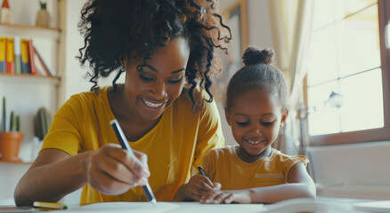 A young woman is teaching her child to write at home, with white walls and bright lighting in the background.