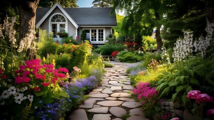 Tranquil Garden Vista: Summer Blooms, Stone Pathway in Cottage Retreat"