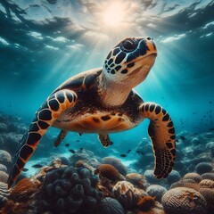  turtle in the sea, Hawksbill Sea Turtle in the ocean
