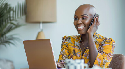 Beautiful bald african woman talking on a call with mobile phone while using computer laptop inside modern office - Work and technology concept - Models by AI generative