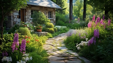Blooming Perennials: Summer Cottage Garden View, Stone Pathway Delight