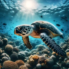 Turtle in the sea. turtle in the ocean. underwater. Hawksbill Sea Turtle in ocean