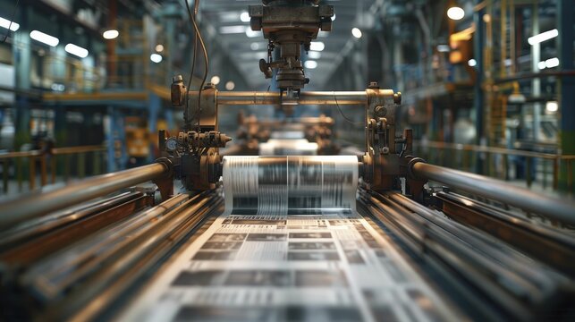 Hyper lapse style render of a newspaper printing press in action, suitable for media and communication technology presentations.