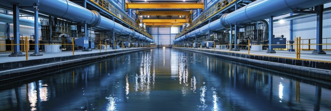 In depth look at a water treatment facility with pipes and filtration systems, suitable for environmental engineering educational content.