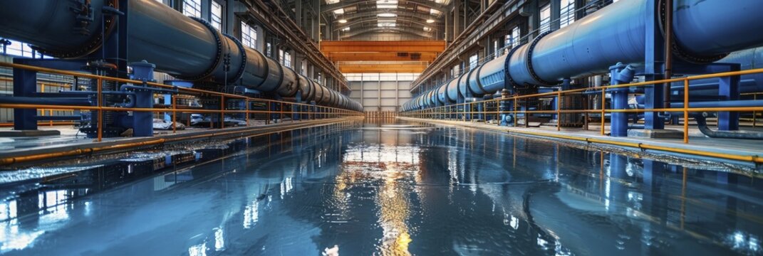 Explore the intricate workings of a water treatment plant, showcasing pipes and filtration systems for environmental engineering education.