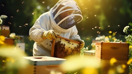 Working with Bees: Beekeeper in Apiary, Beekeeping Scene, Nature Concept