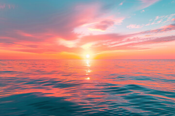 A breathtaking sunset over the ocean, with vibrant hues of orange and pink painting the sky, casting a golden glow on the water below.
