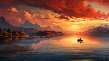 A surreal sunset where the sky seems to set the ocean ablaze with vibrant hues of orange and red,...