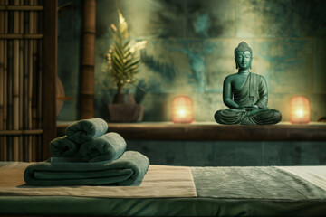 Photo scene daybed with towels in thai massage parlor. Buddha figure on background. Wooden wall material. Minimalistic modern zen style of design with dark green and beige colors