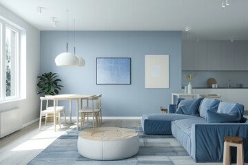 Minimalist Modern Living Room Interior with Blue Sofa and Sunlight