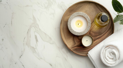 White towel roll, massage oil and candle on wooden round tray on white marble table. Top view. Copy space