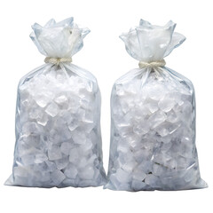 transparent bags of ice, white background