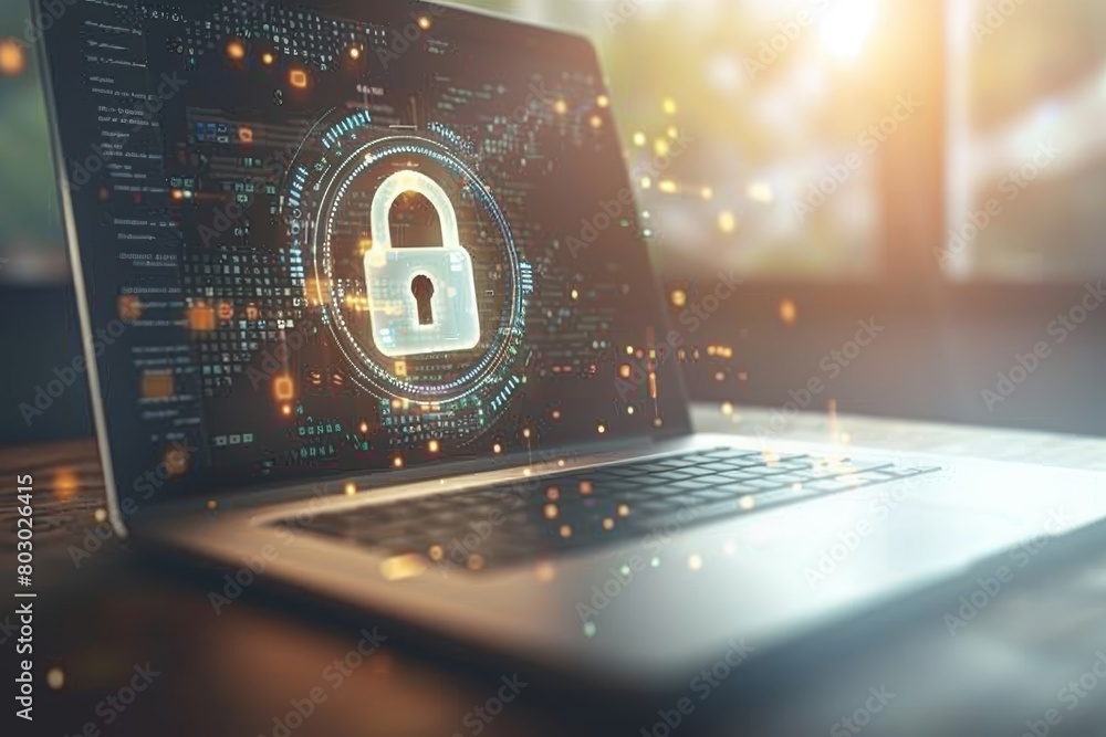 Poster enhance cybersecurity in urban environments with locked virtual locks and banners designed for night