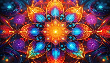 Kaleidoscope patterns with intense, bright colors forming intricate mandalas, perfect 