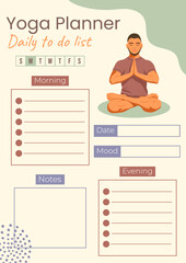 Yoga Practice Exercises Planner with vector flat illustration. Man meditating in lotus position