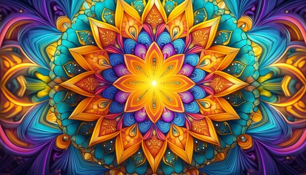Kaleidoscope patterns with intense, bright colors forming intricate mandalas, perfect 