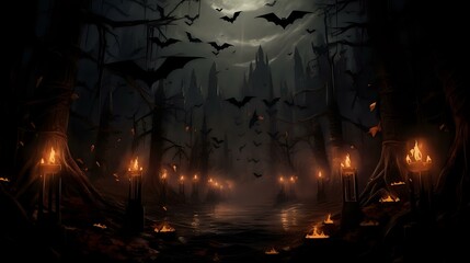 Eerie Halloween Night: Burning Candles and Bats in Mysterious Forest