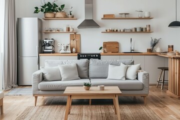 A living room in a building with furniture, plants, and a kitchen