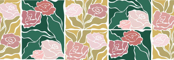 Groovy flowers roses garden aesthetic contemporary retro seamless pattern. Trendy romantic boho vector design illustration for textile prints.