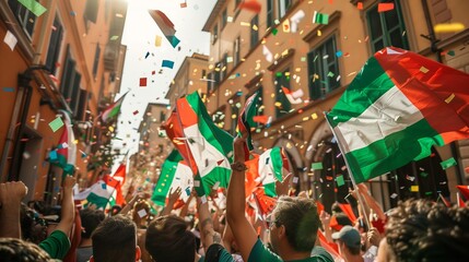 Many peoples cheering and celebrateing their victory with waving Italy flags in city