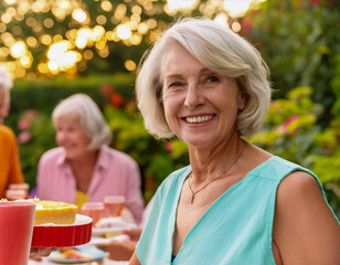 Senior woman blonde with mature friends on outdoor summer garden party celebrate birthday