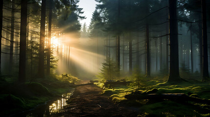 A tranquil scene of a misty pine forest at sunrise, where the suna??s rays filter through the fog, creating a soft, diffuse light that highlights the green moss and the forest floora??s detail.