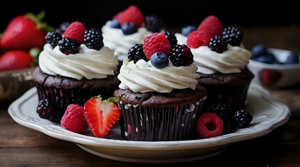 Homemade Treat: Chocolate Cupcakes with Cream Cheese Frosting and Berry Decor