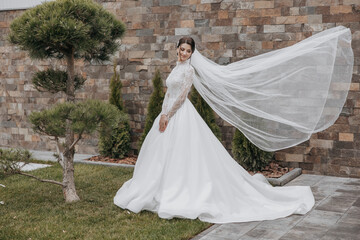 A woman in a white wedding dress stands in front of a brick wall. She is wearing a veil and a long...