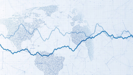 Abstract blue white global business graphs with dotted world map illustration background.