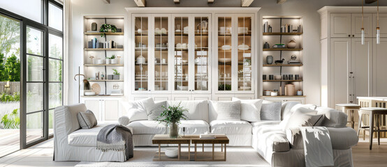 Beautiful living room and kitchen interior design with white cabinets, blue accents, grey sofa in the style of farmhouse chic, light brown walls, light gray ceiling with beams, glass door bookcase