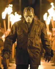 In the flickering light of the torches, Frankensteins hulking figure moves with purpose as he readies himself for Halloween night ,