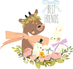 Vector Cartoon Illustration with Cute Deer, Rabbit and Birds