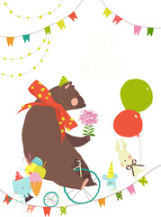 Cartoon Vector Birthday card with Cute Bear riding Bicycle, Funny Cat , Rabbit and Mouse