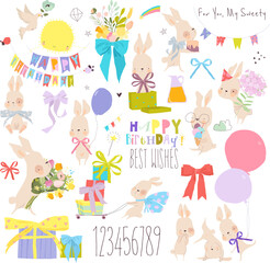 Vector Cartoon Birthday Set with Funny Bunnies ,Flowers and Gifts
