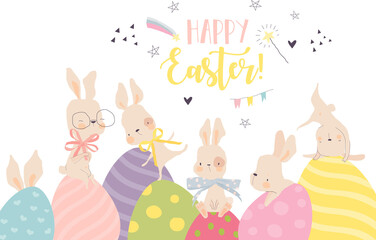 Vector Easter Greeting Card with Cute White Bunnies and Eggs