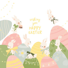 Vector Easter Greeting Card with Cute White Bunnies and Eggs