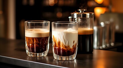 Coffee Delight: Glasses of Hot Drink Sit on Kitchen Counter