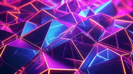 Vivid abstract geometric landscape with glowing particles in blue and pink hues.