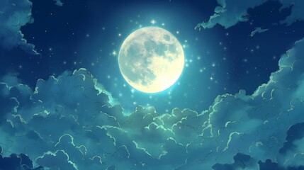 Full moon glowing brightly over cloud-filled night sky.